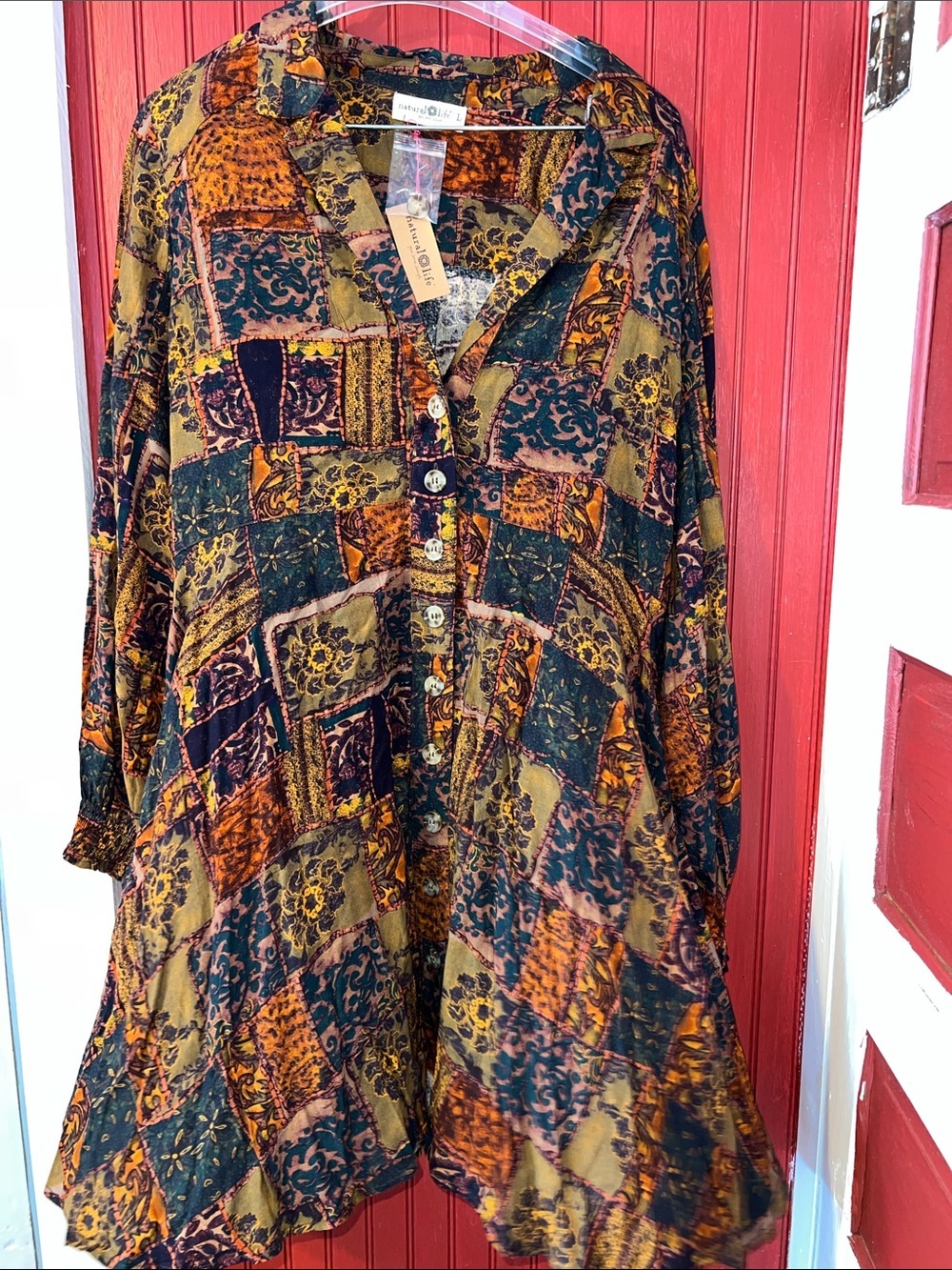 NATURAL LIFE Patchwork Print Long Sleeve Tunic Dress - Green, Rust, Navy
